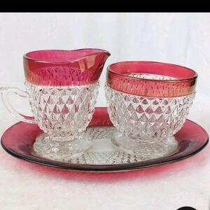 Crystal Glass Creamer and Sugar Set with Pink Accents